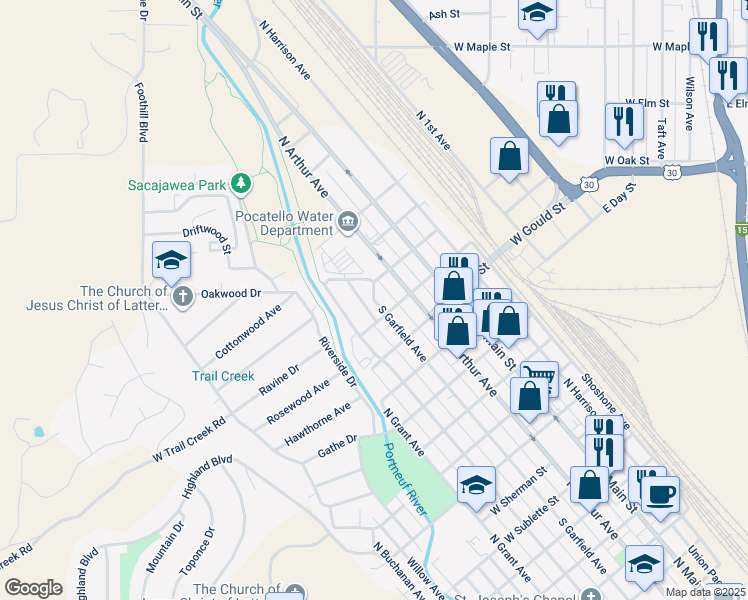 map of restaurants, bars, coffee shops, grocery stores, and more near 1688 North Garfield Avenue in Pocatello
