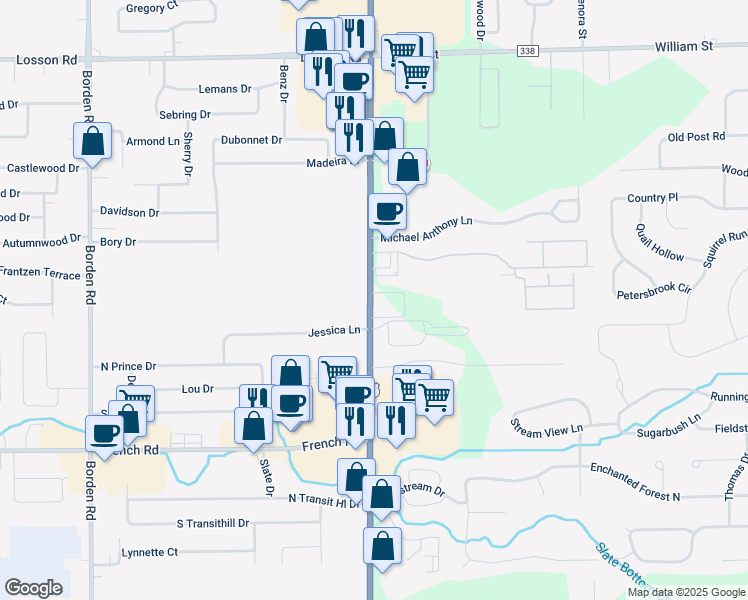 map of restaurants, bars, coffee shops, grocery stores, and more near 4835 Transit Road in Depew