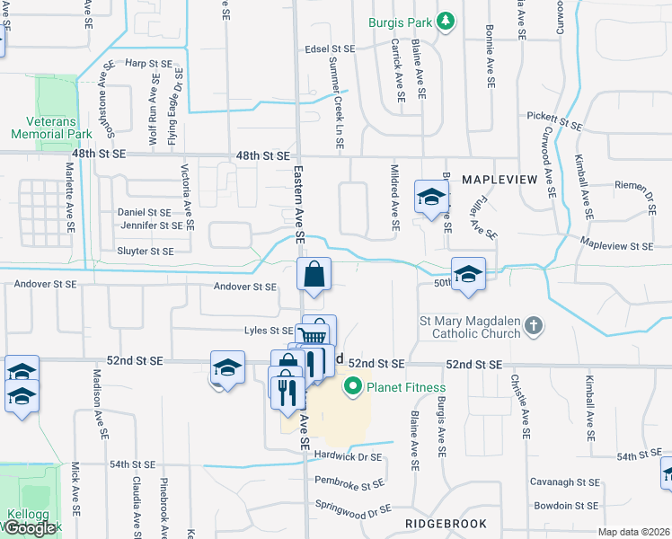 map of restaurants, bars, coffee shops, grocery stores, and more near 5006 Eastern Avenue Southeast in Grand Rapids