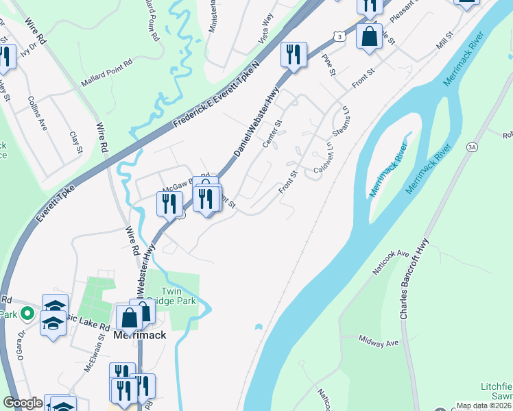 map of restaurants, bars, coffee shops, grocery stores, and more near 15 Essex Green in Merrimack