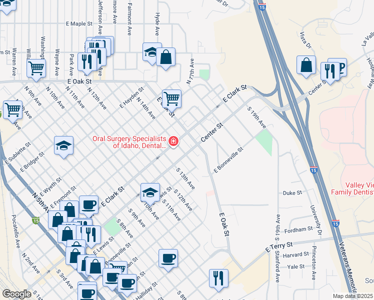 map of restaurants, bars, coffee shops, grocery stores, and more near 131 North 15th Avenue in Pocatello
