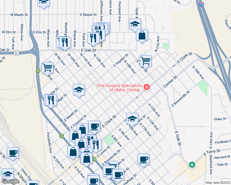 map of restaurants, bars, coffee shops, grocery stores, and more near 416 North 11th Avenue in Pocatello