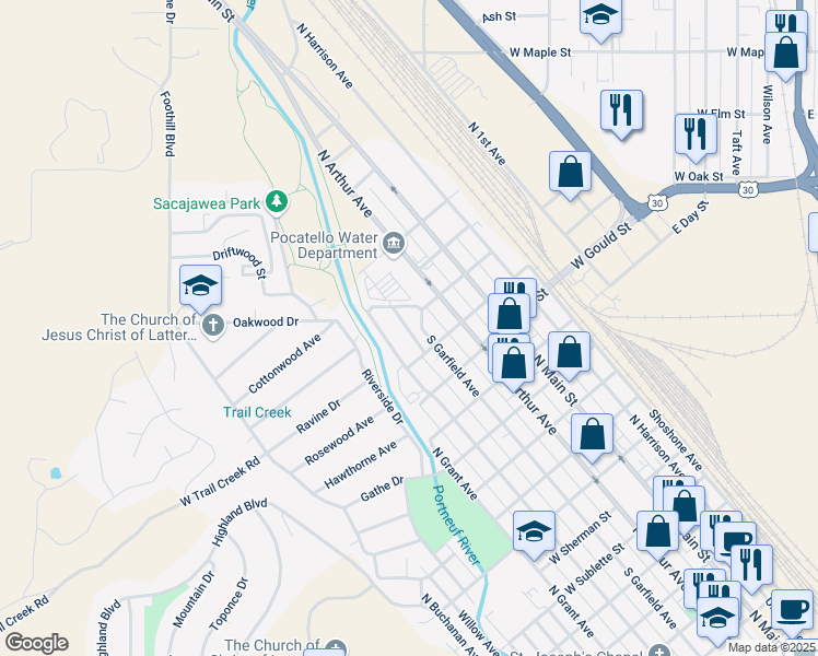 map of restaurants, bars, coffee shops, grocery stores, and more near 1692 North Garfield Annex in Pocatello