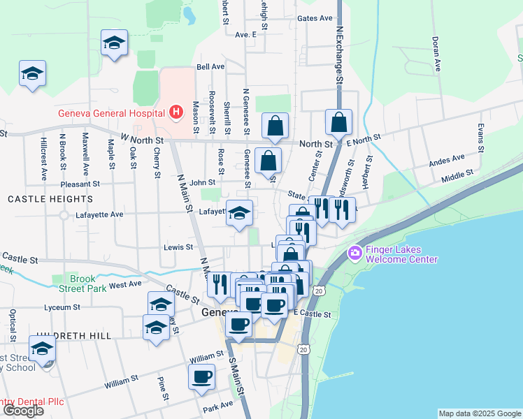 map of restaurants, bars, coffee shops, grocery stores, and more near 81 State Street in Geneva