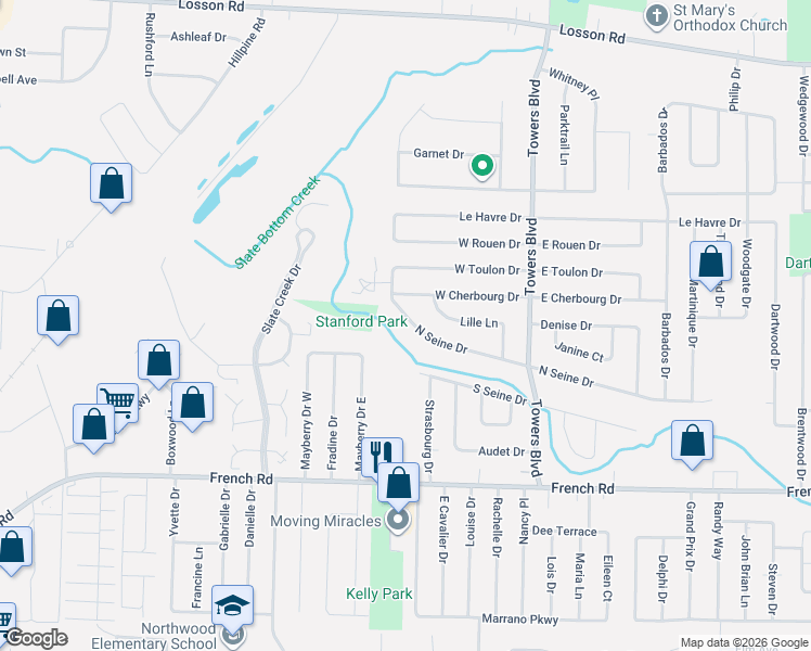 map of restaurants, bars, coffee shops, grocery stores, and more near 39 North Seine Drive in Buffalo