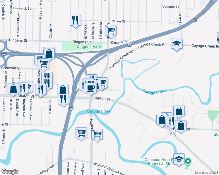map of restaurants, bars, coffee shops, grocery stores, and more near 15 Creekside Drive in Cheektowaga
