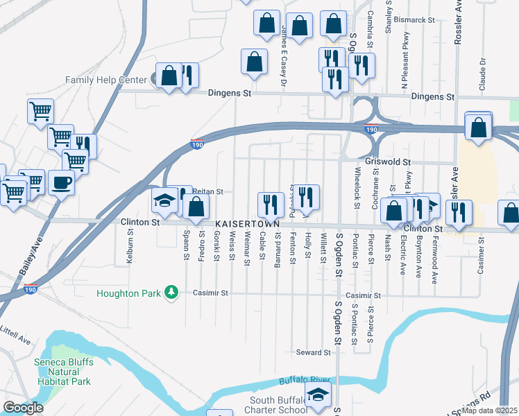 map of restaurants, bars, coffee shops, grocery stores, and more near 298 Cable Street in Buffalo