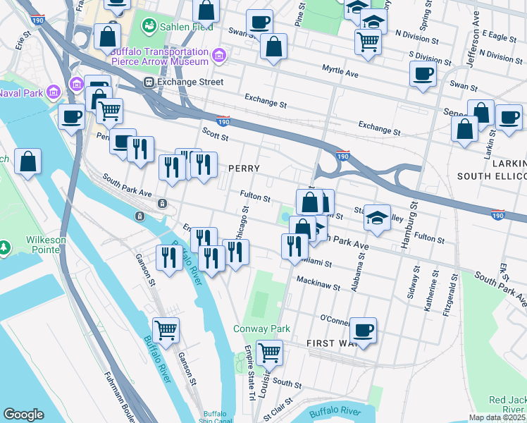 map of restaurants, bars, coffee shops, grocery stores, and more near 119 Fulton Street in Buffalo