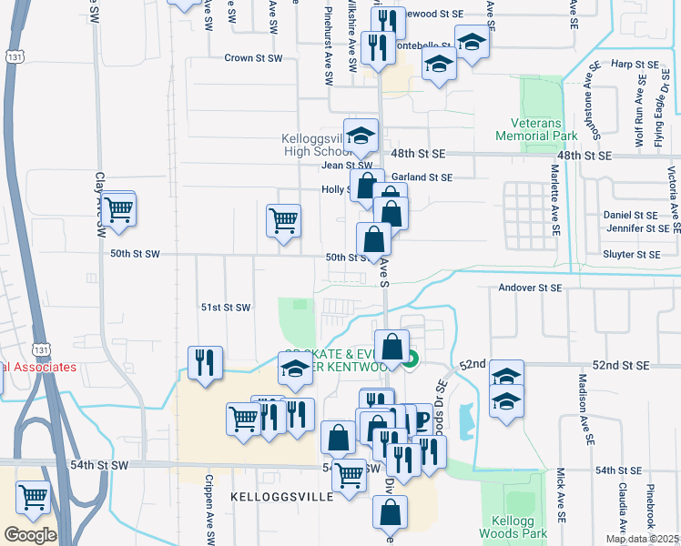 map of restaurants, bars, coffee shops, grocery stores, and more near 4953 Florida Avenue Southwest in Grand Rapids