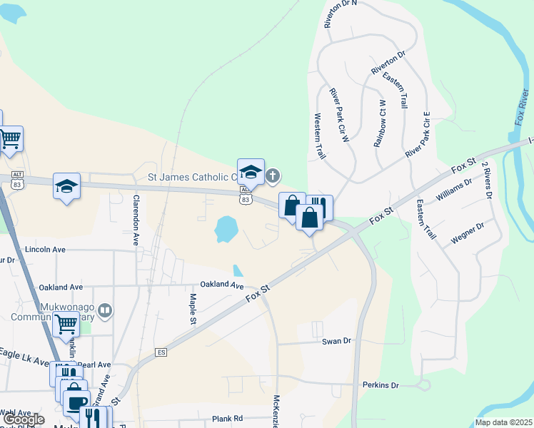 map of restaurants, bars, coffee shops, grocery stores, and more near 837 East Veterans Way in Mukwonago