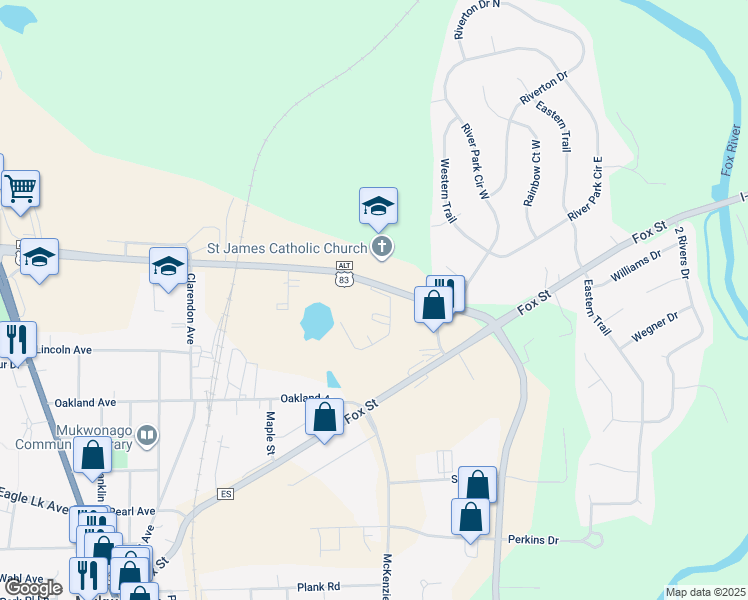 map of restaurants, bars, coffee shops, grocery stores, and more near 837 East Veterans Way in Mukwonago
