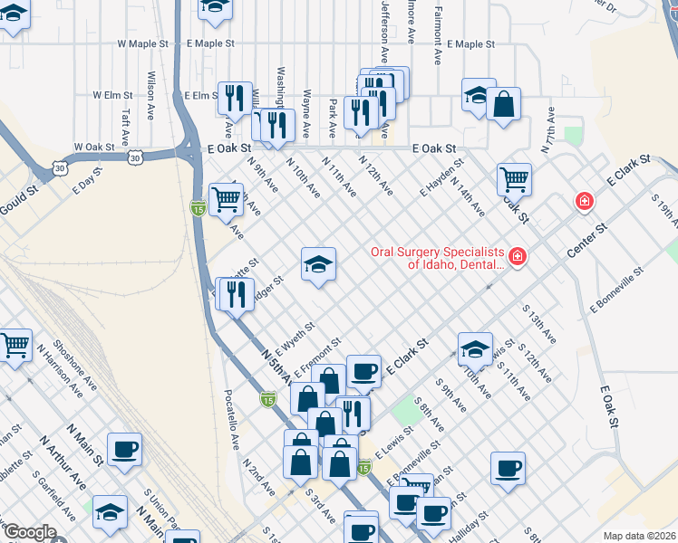 map of restaurants, bars, coffee shops, grocery stores, and more near 623 North 9th Avenue in Pocatello
