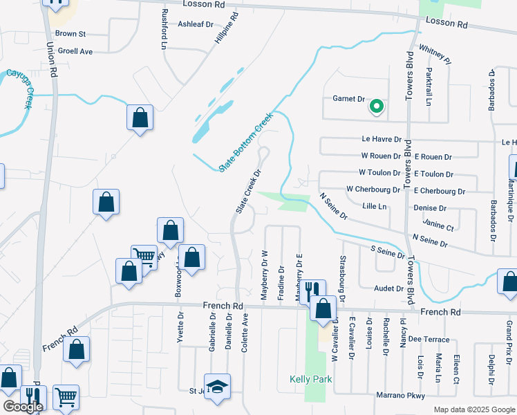 map of restaurants, bars, coffee shops, grocery stores, and more near 101 Slate Creek Drive in Cheektowaga