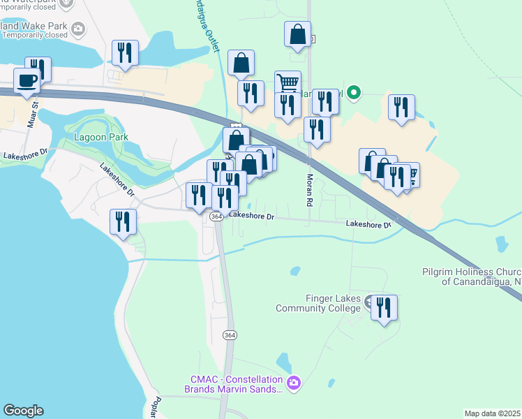 map of restaurants, bars, coffee shops, grocery stores, and more near 4460 Lakeshore Drive in Canandaigua