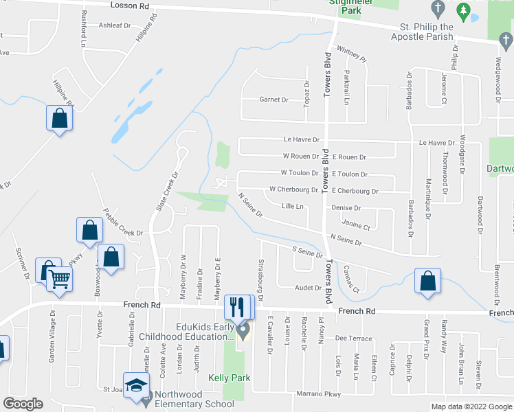 map of restaurants, bars, coffee shops, grocery stores, and more near 58 North Seine Drive in Cheektowaga