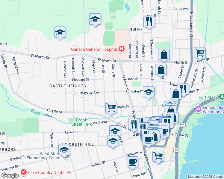 map of restaurants, bars, coffee shops, grocery stores, and more near 75 Cherry Street in Geneva