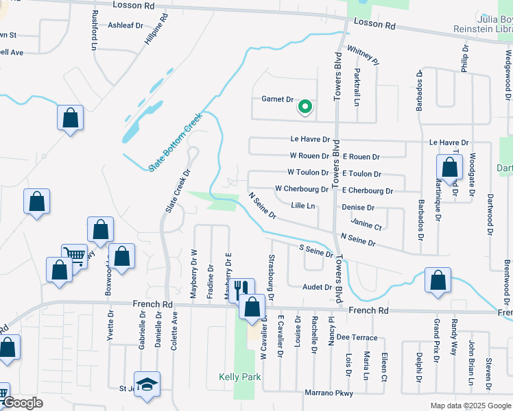 map of restaurants, bars, coffee shops, grocery stores, and more near 39 North Seine Drive in Buffalo
