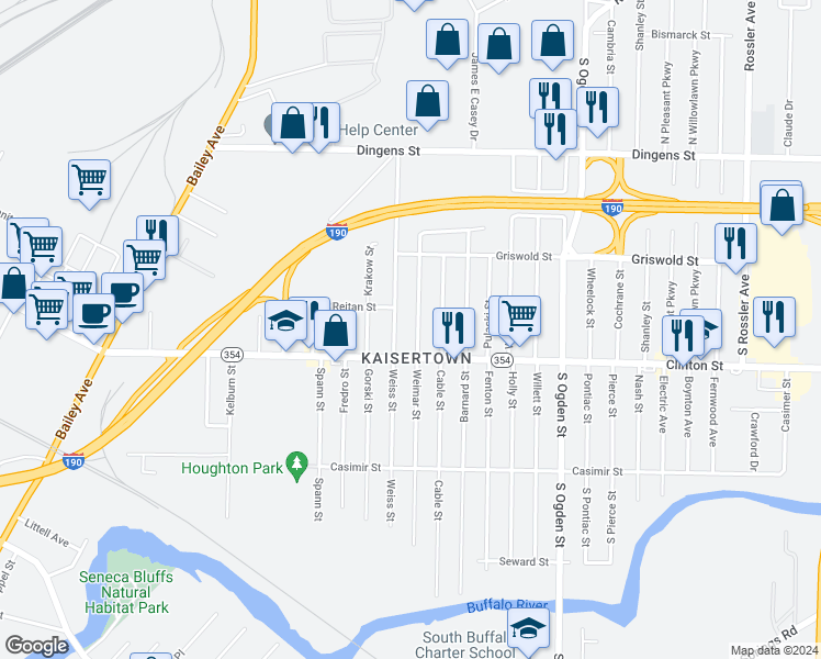 map of restaurants, bars, coffee shops, grocery stores, and more near 223 Weiss Street in Buffalo