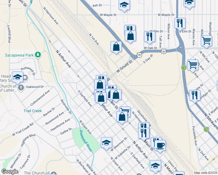 map of restaurants, bars, coffee shops, grocery stores, and more near 1423 North Harrison Avenue in Pocatello