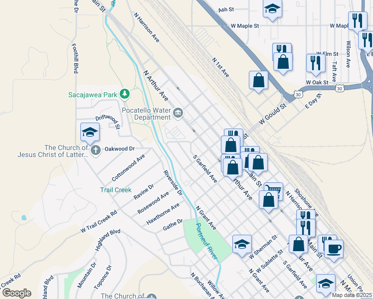 map of restaurants, bars, coffee shops, grocery stores, and more near 1674 North Garfield Avenue in Pocatello