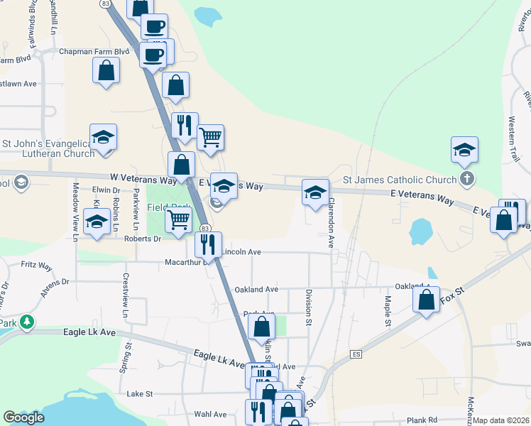 map of restaurants, bars, coffee shops, grocery stores, and more near 915 Clarendon Avenue in Mukwonago