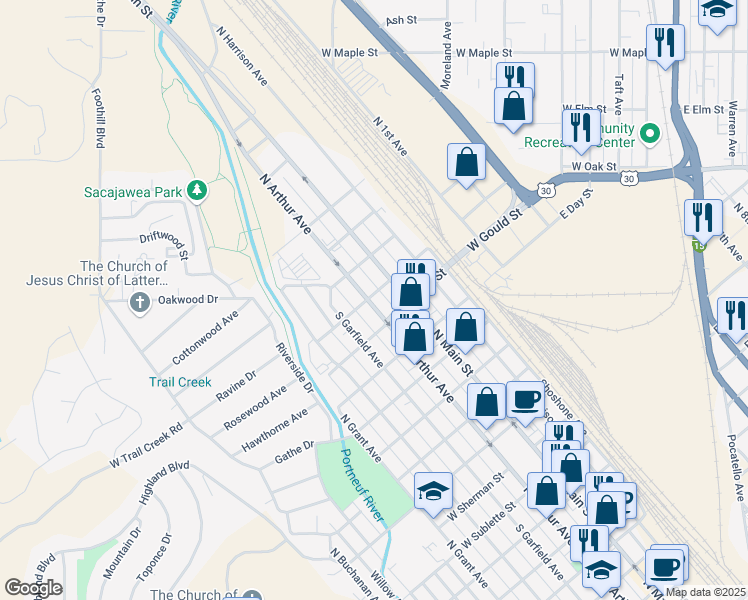 map of restaurants, bars, coffee shops, grocery stores, and more near 1554 North Arthur Avenue in Pocatello