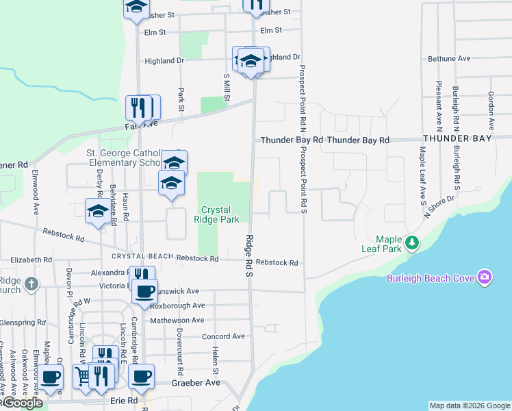 map of restaurants, bars, coffee shops, grocery stores, and more near 106 Ridge Road South in Fort Erie