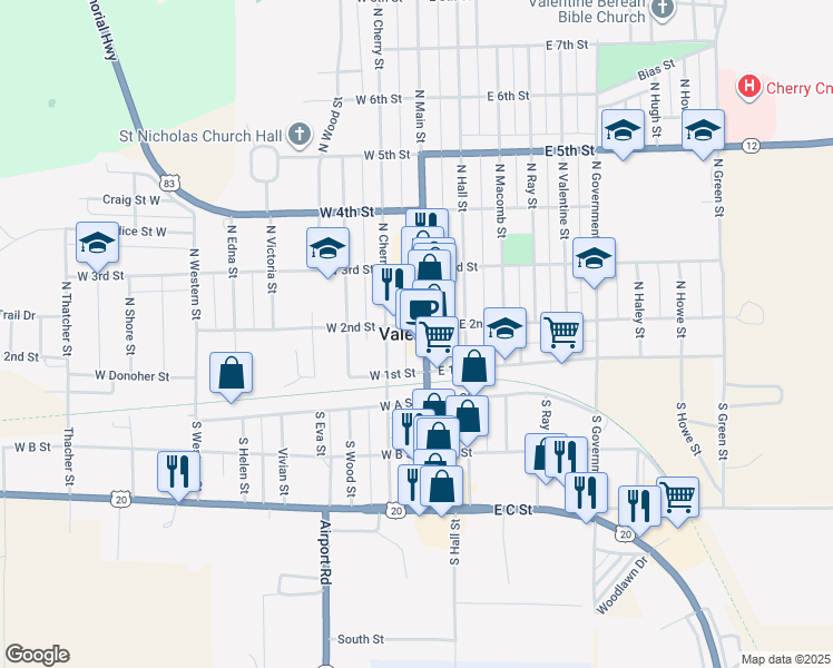 map of restaurants, bars, coffee shops, grocery stores, and more near in Valentine