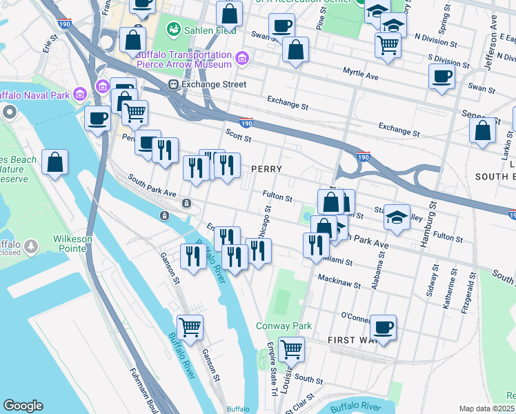 map of restaurants, bars, coffee shops, grocery stores, and more near 292 South Park Avenue in Buffalo