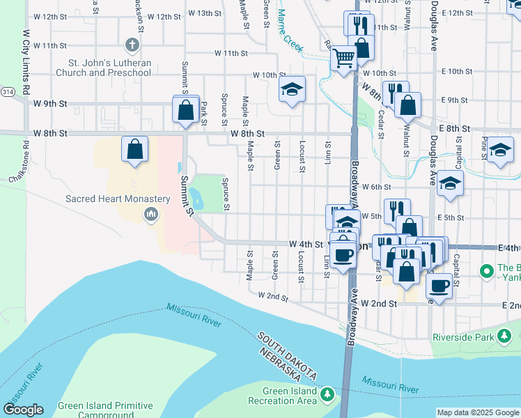 map of restaurants, bars, coffee shops, grocery stores, and more near 708 West 5th Street in Yankton