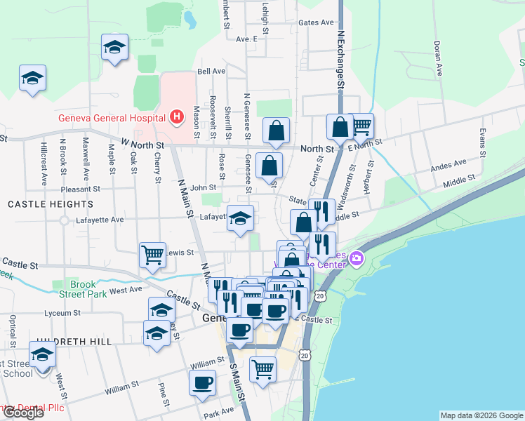 map of restaurants, bars, coffee shops, grocery stores, and more near 81 State Street in Geneva