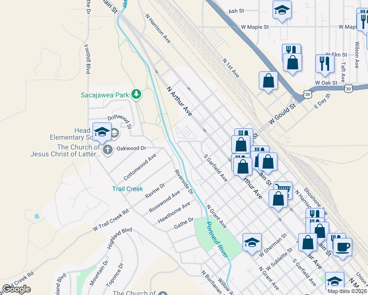 map of restaurants, bars, coffee shops, grocery stores, and more near 1706 North Hayes Avenue in Pocatello