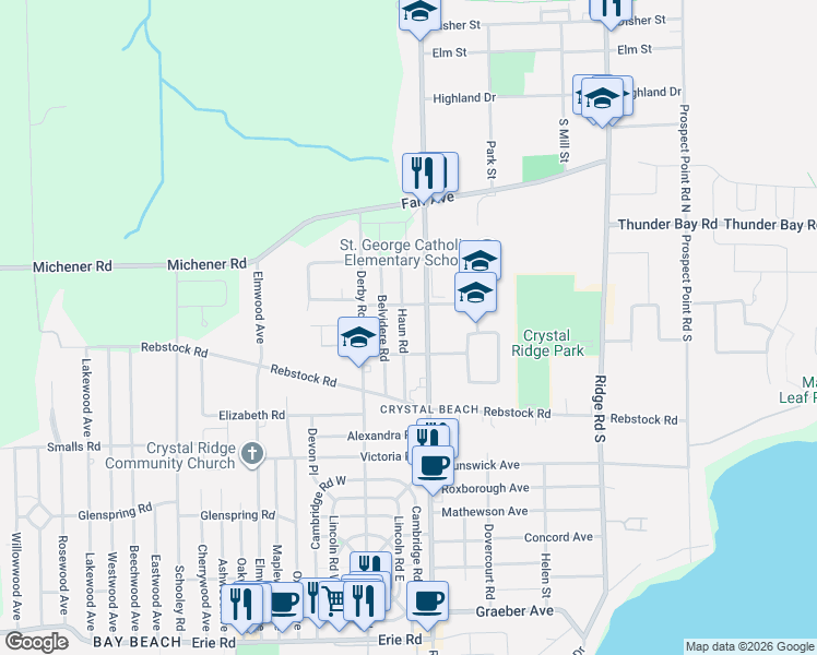 map of restaurants, bars, coffee shops, grocery stores, and more near 91 Ridgeway Road in Fort Erie