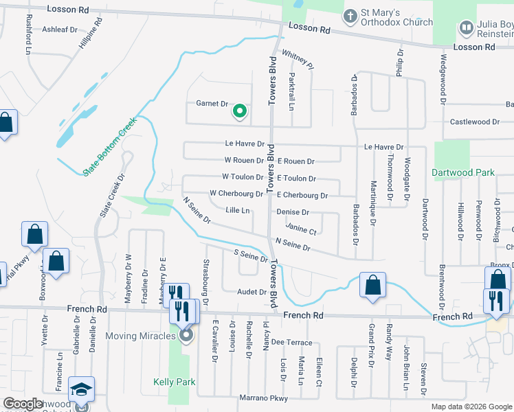 map of restaurants, bars, coffee shops, grocery stores, and more near 31 Lille Lane in Buffalo