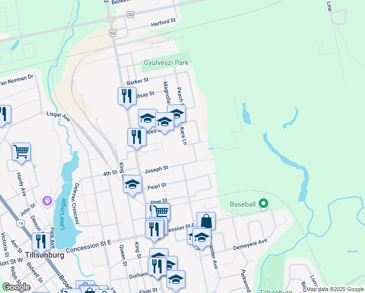 map of restaurants, bars, coffee shops, grocery stores, and more near 71 Kara Lane in Tillsonburg