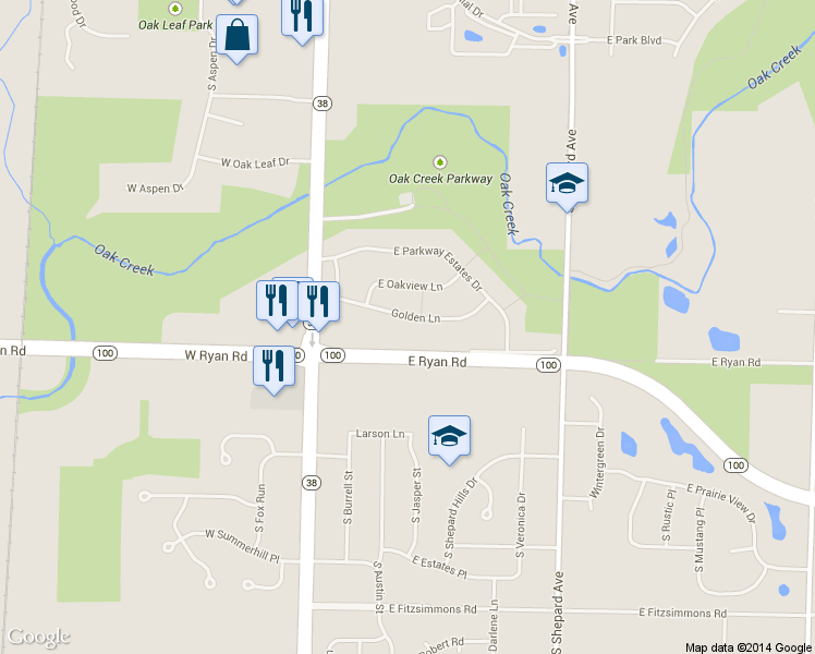 map of restaurants, bars, coffee shops, grocery stores, and more near 375 Golden Lane in Oak Creek
