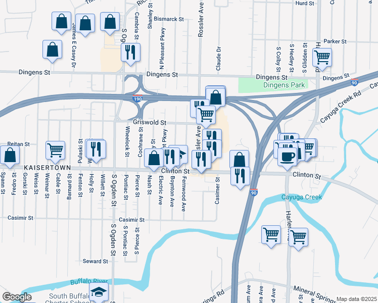 map of restaurants, bars, coffee shops, grocery stores, and more near 39 Meadowbrook Parkway in Buffalo