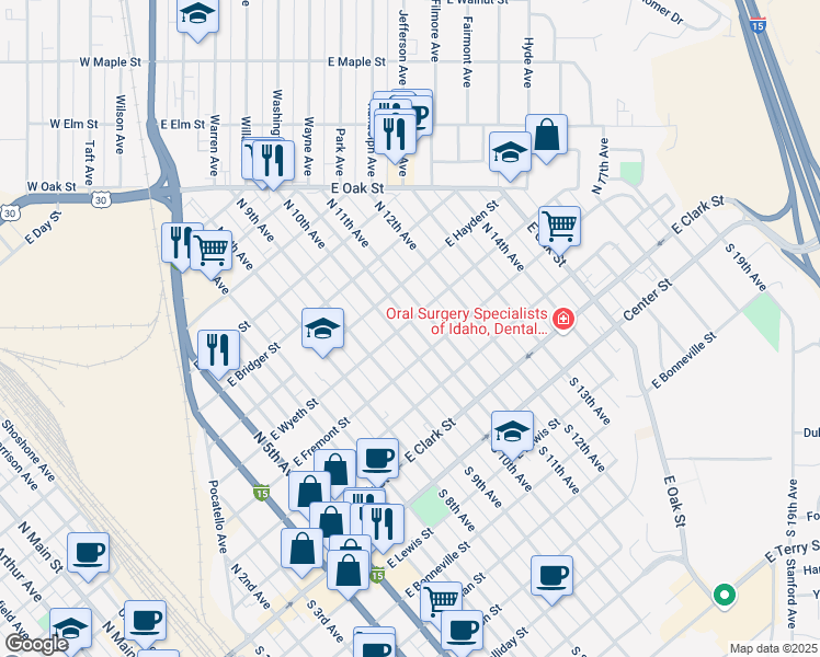 map of restaurants, bars, coffee shops, grocery stores, and more near 1115 East Wyeth Street in Pocatello