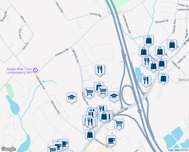 map of restaurants, bars, coffee shops, grocery stores, and more near 30 Main Street in Londonderry