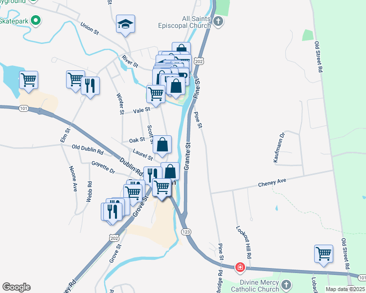 map of restaurants, bars, coffee shops, grocery stores, and more near 17 Granite Street in Peterborough