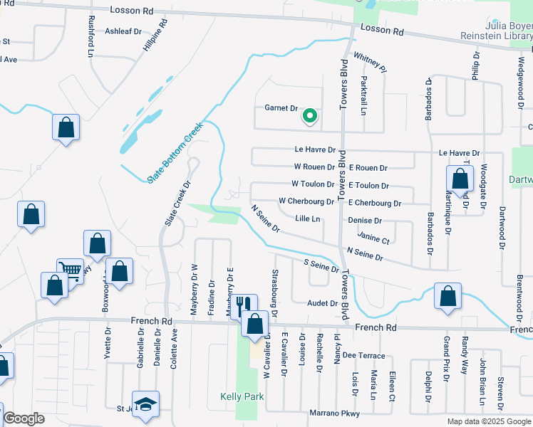 map of restaurants, bars, coffee shops, grocery stores, and more near 39 North Seine Drive in Buffalo