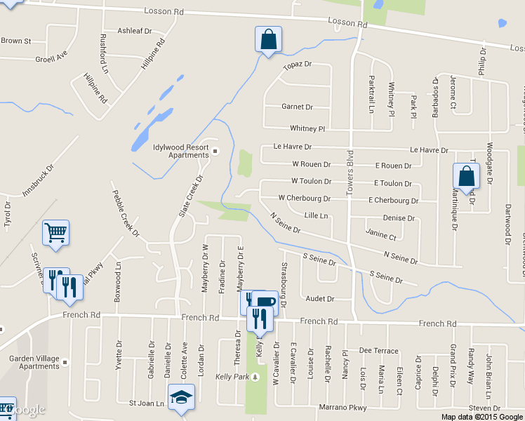 map of restaurants, bars, coffee shops, grocery stores, and more near 39 North Seine Drive in Buffalo