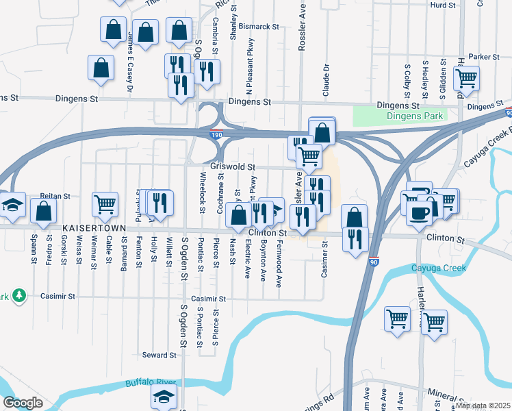 map of restaurants, bars, coffee shops, grocery stores, and more near 48 Pleasant Parkway in Cheektowaga