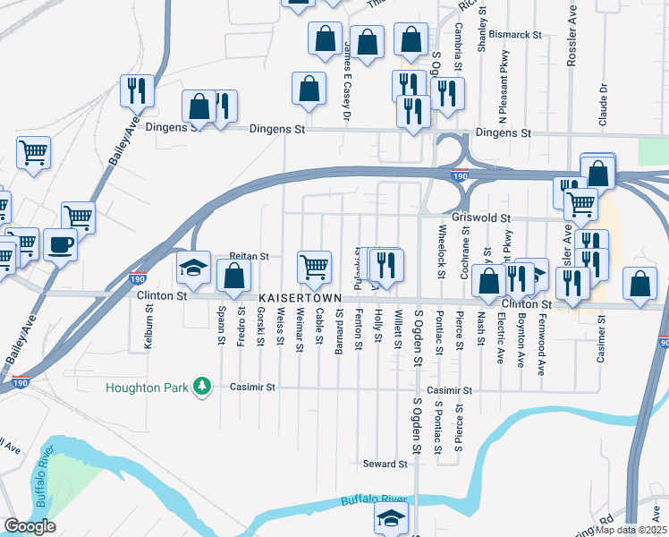 map of restaurants, bars, coffee shops, grocery stores, and more near 295 Barnard Street in Buffalo
