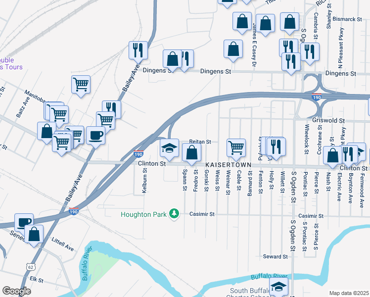 map of restaurants, bars, coffee shops, grocery stores, and more near 35 Matejko Street in Buffalo