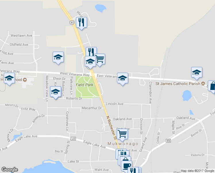 map of restaurants, bars, coffee shops, grocery stores, and more near 930 North Rochester Street in Mukwonago