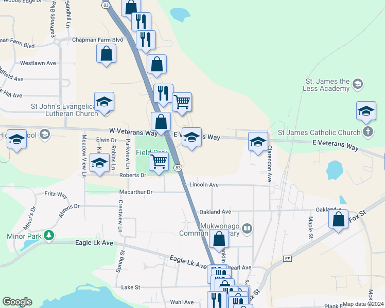 map of restaurants, bars, coffee shops, grocery stores, and more near 930 North Rochester Street in Mukwonago