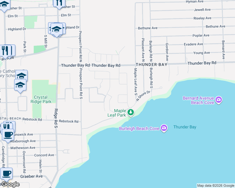 map of restaurants, bars, coffee shops, grocery stores, and more near 106 Sunrise Court in Fort Erie