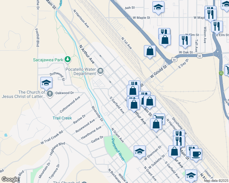 map of restaurants, bars, coffee shops, grocery stores, and more near 1625 North Arthur Avenue in Pocatello