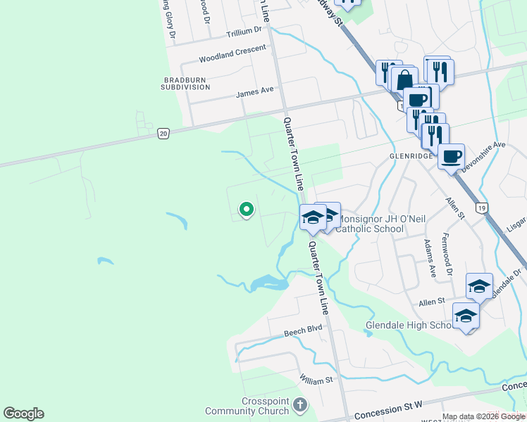 map of restaurants, bars, coffee shops, grocery stores, and more near 6 Nancy Court in Tillsonburg